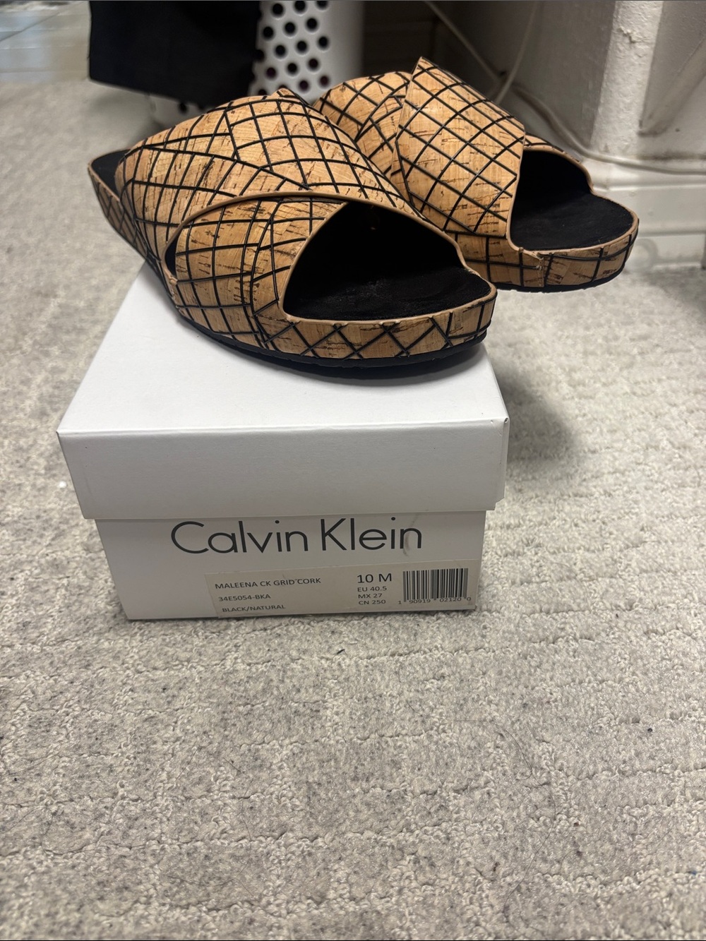 Calvin Klein Cork Grid Slide Sandals - Natural & Black